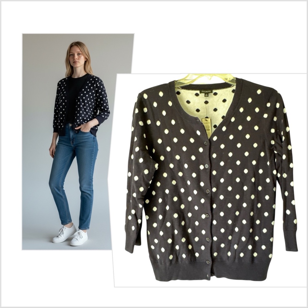 NWT! Talbots Navy Blue White Polka Dot Cardigan Sweater